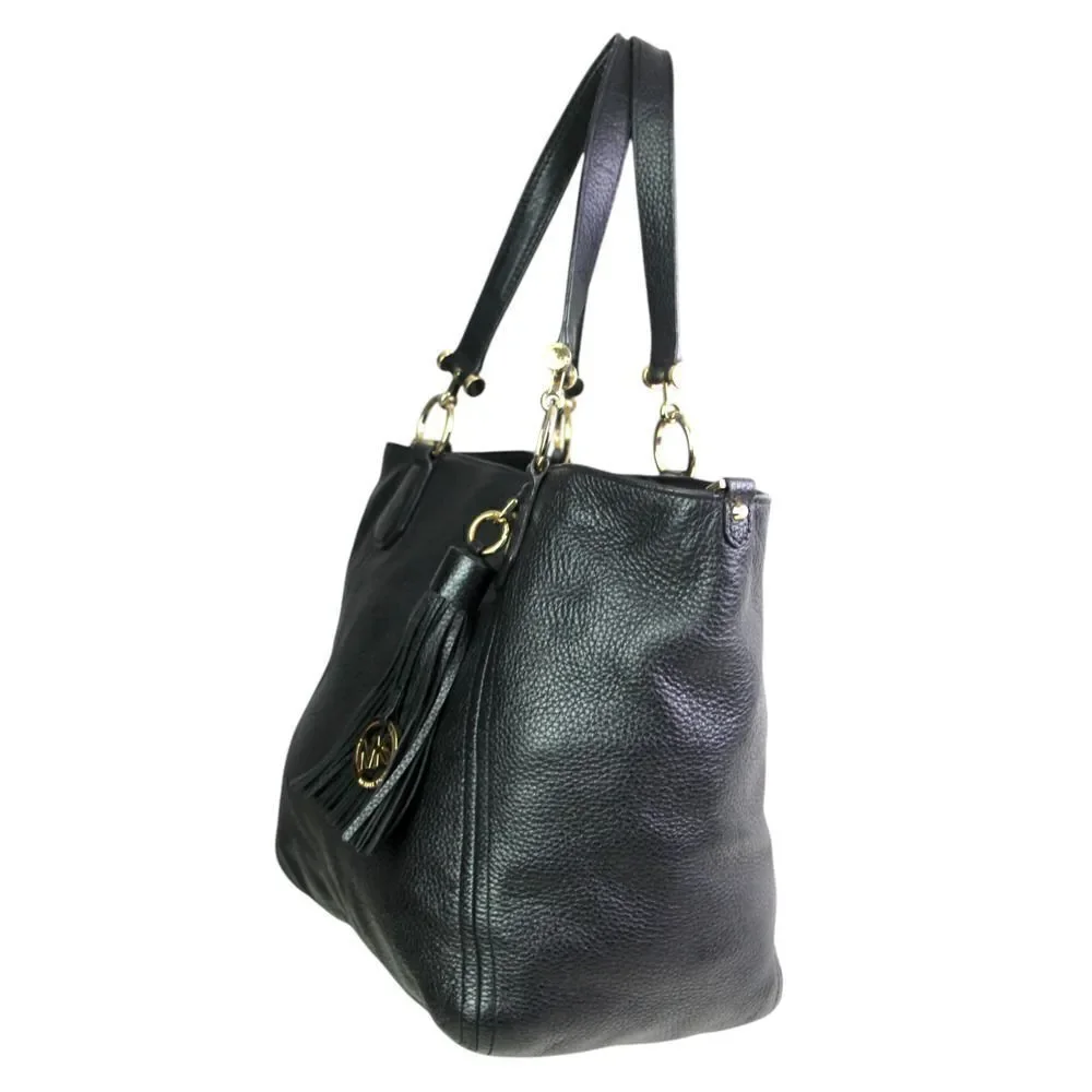 LARGE Michael Kors BLACK GENUINE LEATHER TASSEL SHOULDER BAG TOTE HANDBAG PURSE